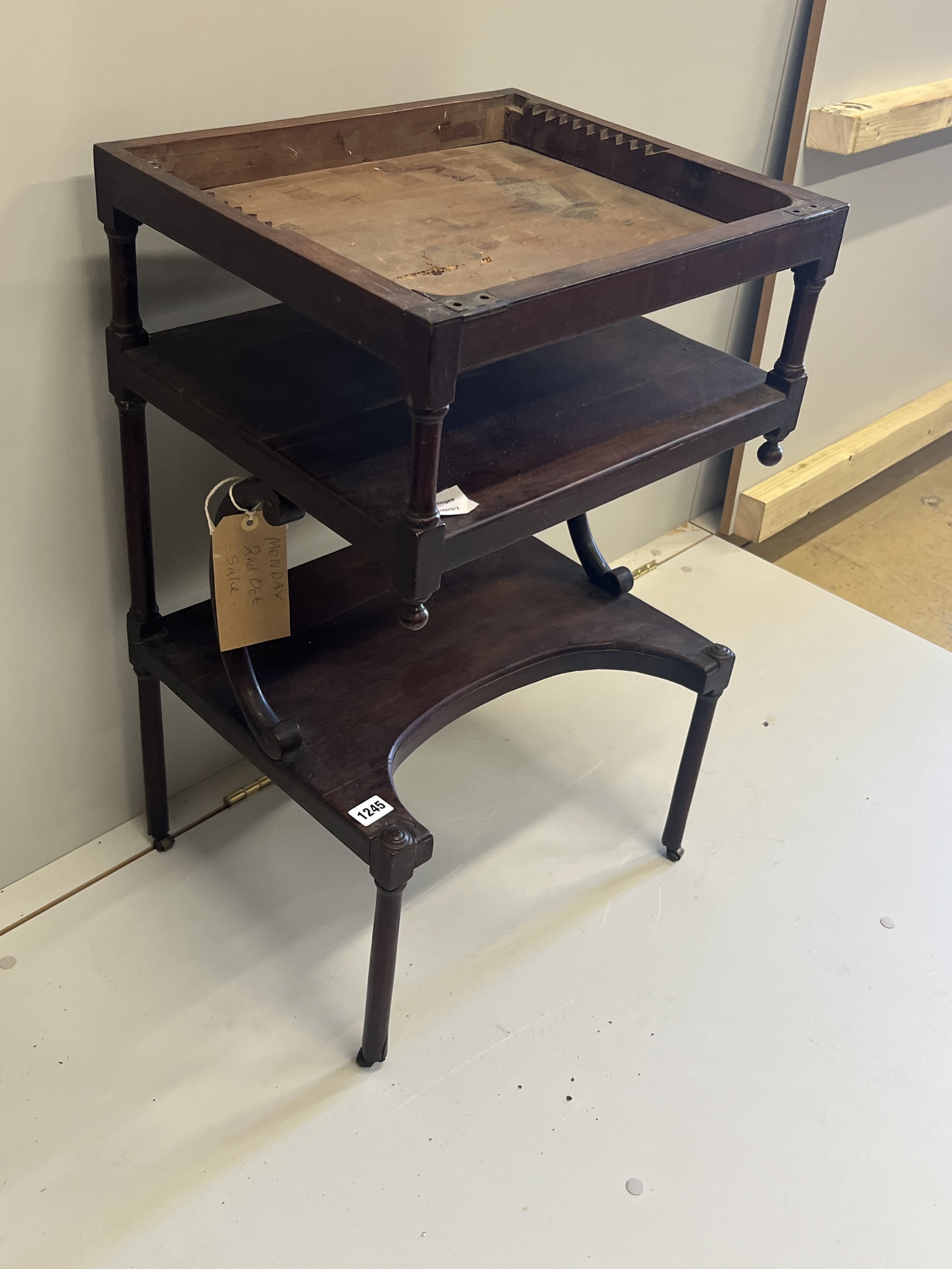 An 18th century yew wood reading / writing table (incomplete), width 44cm, depth 38cm, height 71cm
